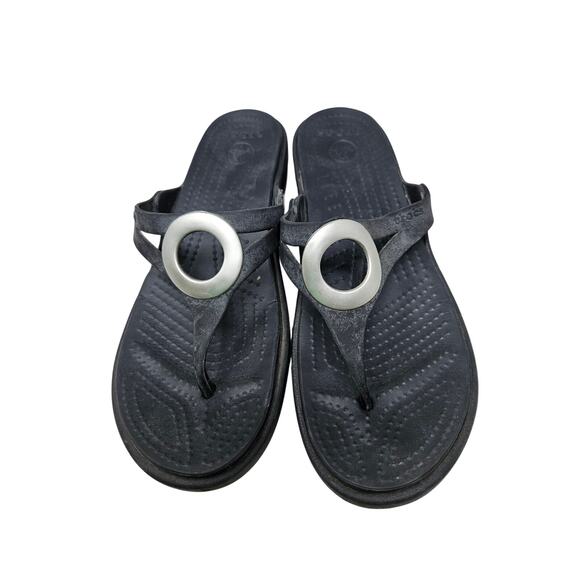 Crocs 8 Sanrah Beveled Circle Black Thong Flip Flop Comfort Casual Coastal - Picture 4 of 4